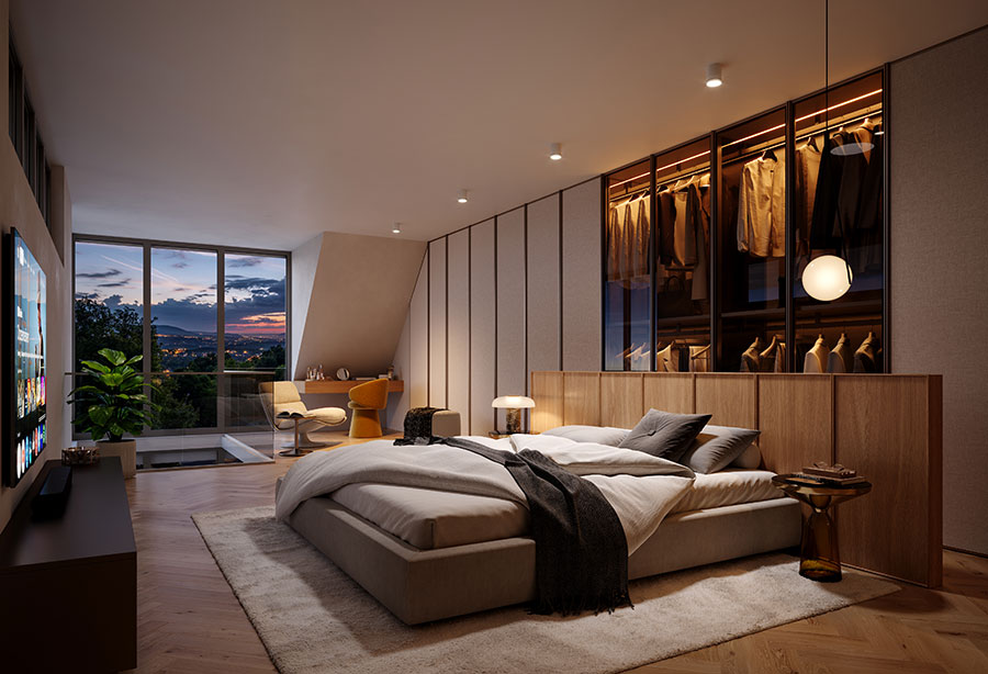 Schlafzimmer mit bodentiefem Fenster und Parkett