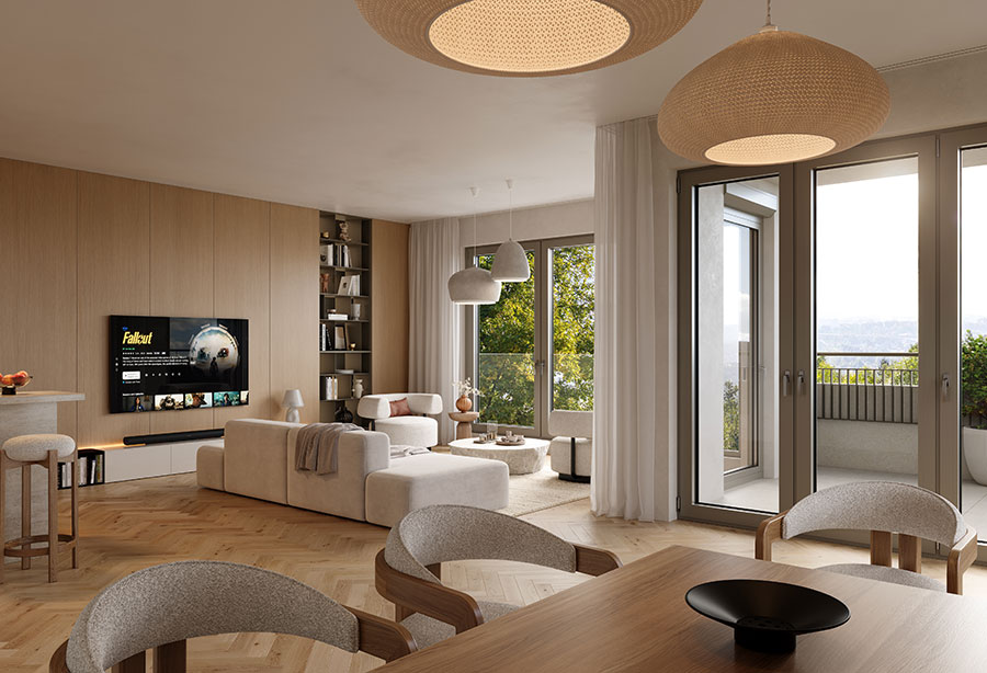 Wohnzimmer mit Parkettboden und großem Fenster